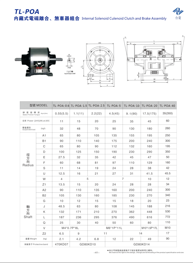 內藏式電磁離合剎車器組TL-POA型的規(guī)格型號尺寸參數表