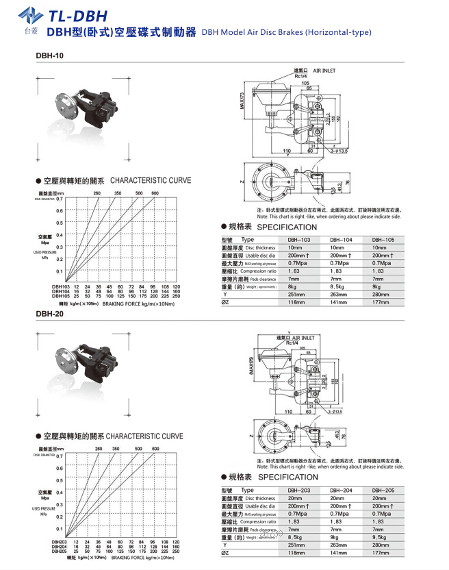 氣動(dòng)碟式制動(dòng)器DBH型規(guī)格尺寸型號參數(shù)表